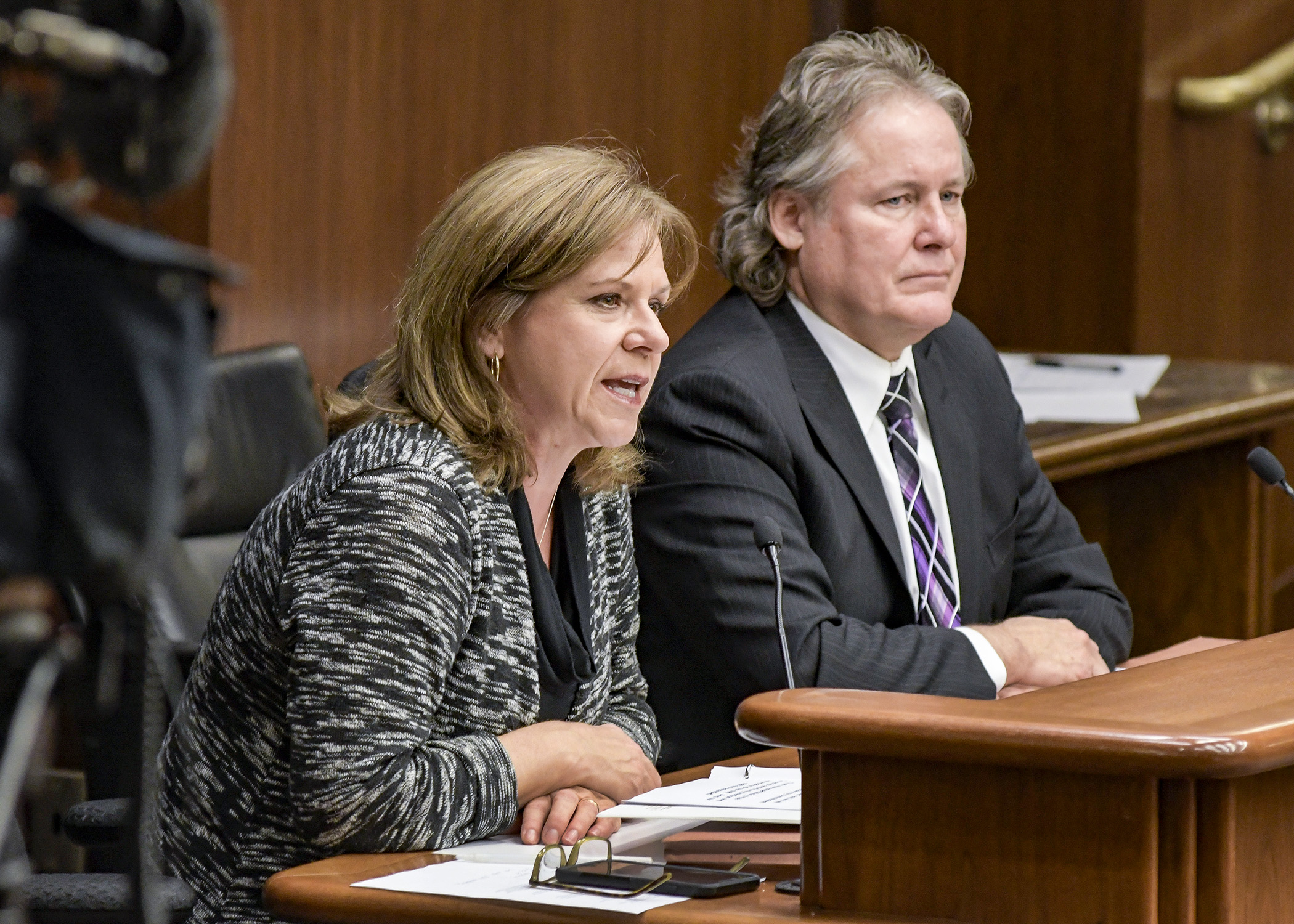 Public Safety Commissioner Mona Dohman and MN.IT Commissioner Tom Baden answer questions from the Select Committee on Technology and Responsive Government during a Dec. 6 update on the Minnesota Licensing and Registration System. Photo by Andrew VonBank